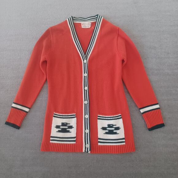 Vintage 60s 70s Cardigan Sweater Womens M Orange Varsity Thunderbird Grunge - Picture 1 of 7